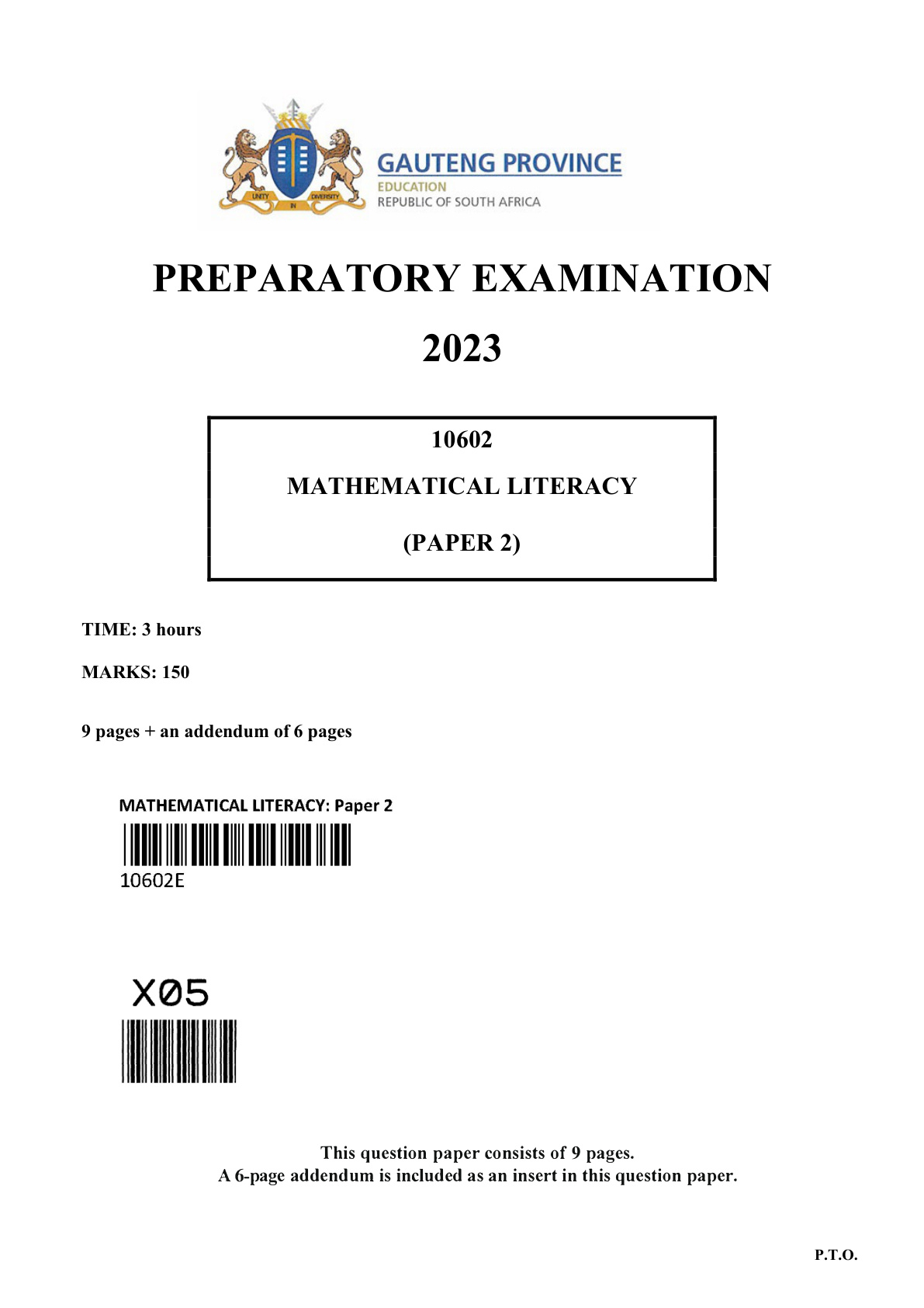 Mathematics Paper 2 (Gauteng) Preparatory 2023 Grade 12 DBE