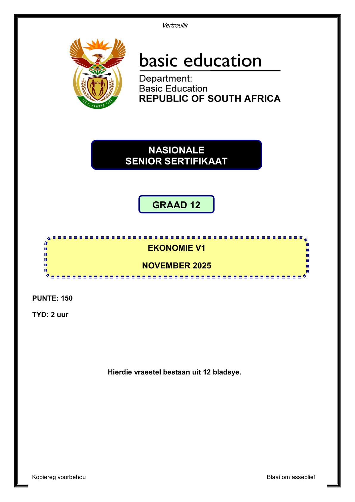 Economics Grade 12 DBE NSC November 2025 Paper 1 - Question Paper (Eastern Cape)
