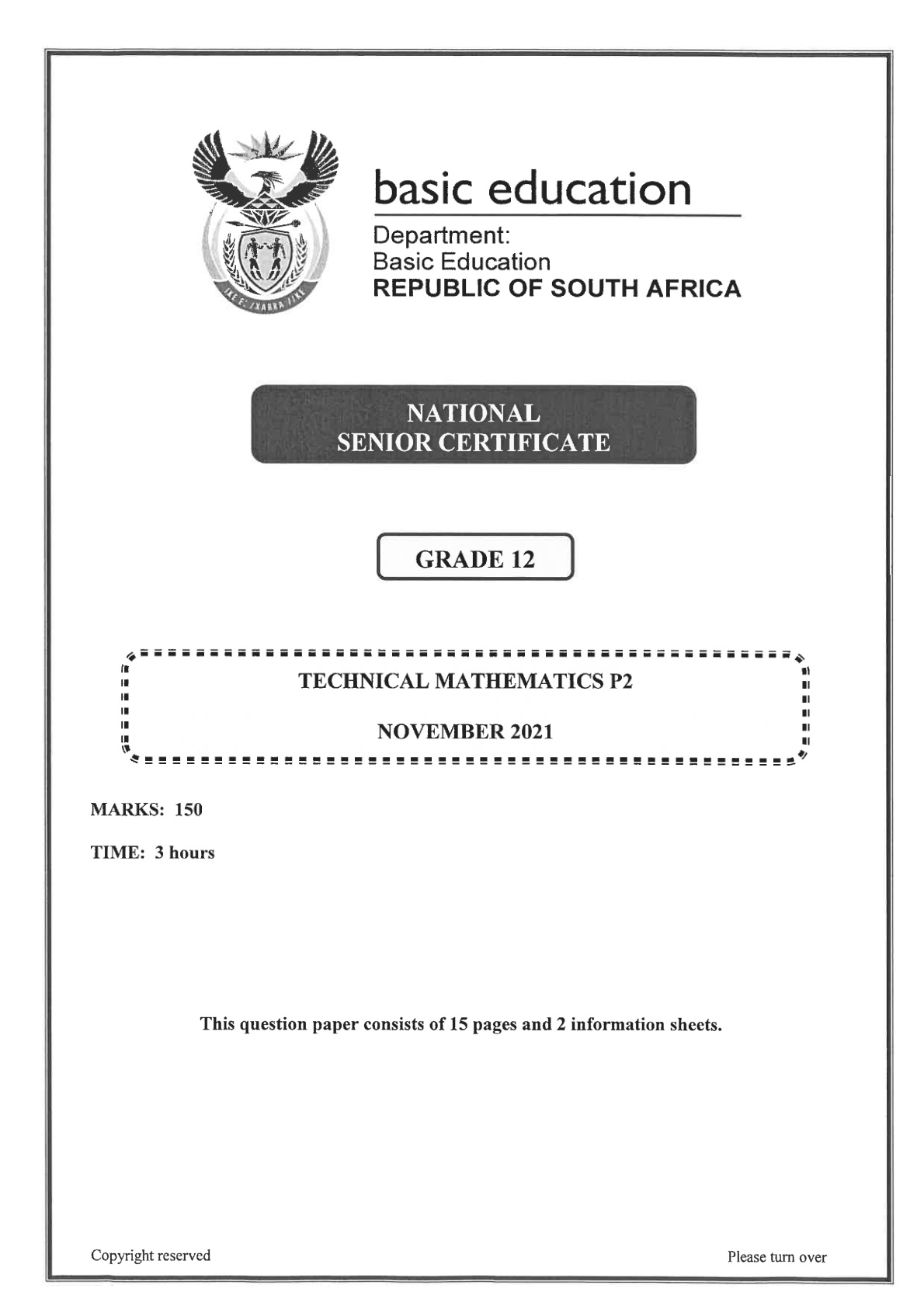 Technical Mathematics Paper 2 (Gauteng) November 2021 Grade 12 DBE