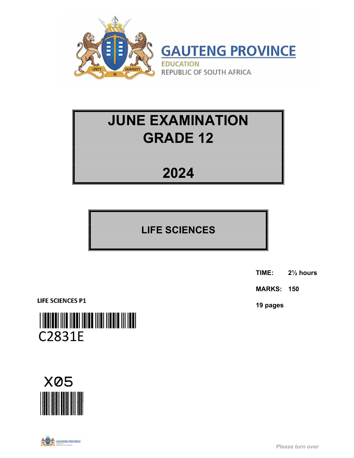 Life Sciences (Gauteng) June 2024 Grade 12 DBE