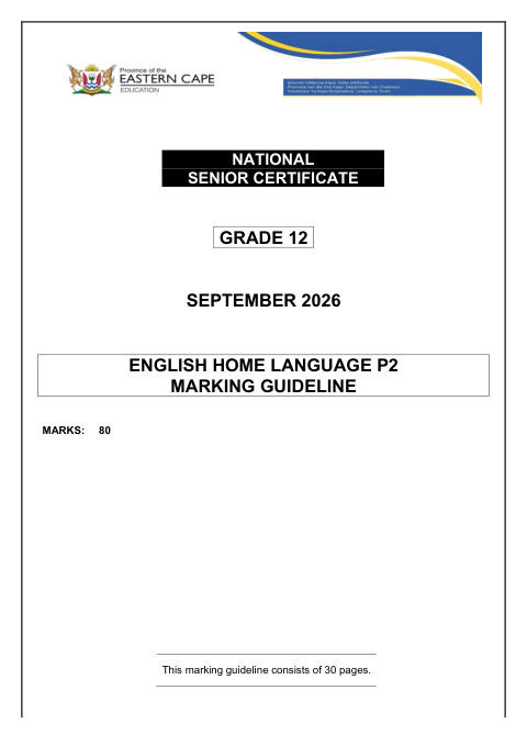 English Home Language Grade 12 DBE Caps September 2026 Paper 2 - Memo (Eastern Cape)