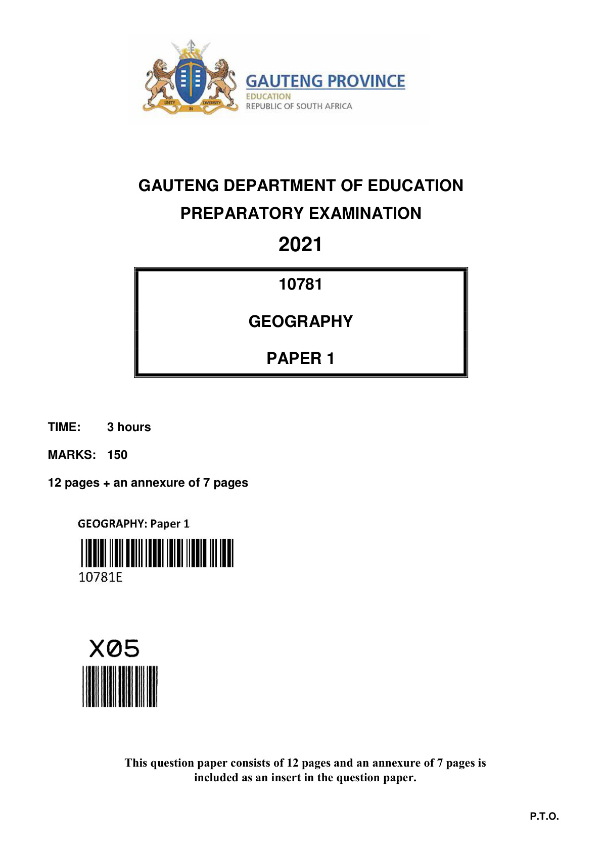 Geography Paper 1 (Gauteng) Preparatory 2021 Grade 12 DBE