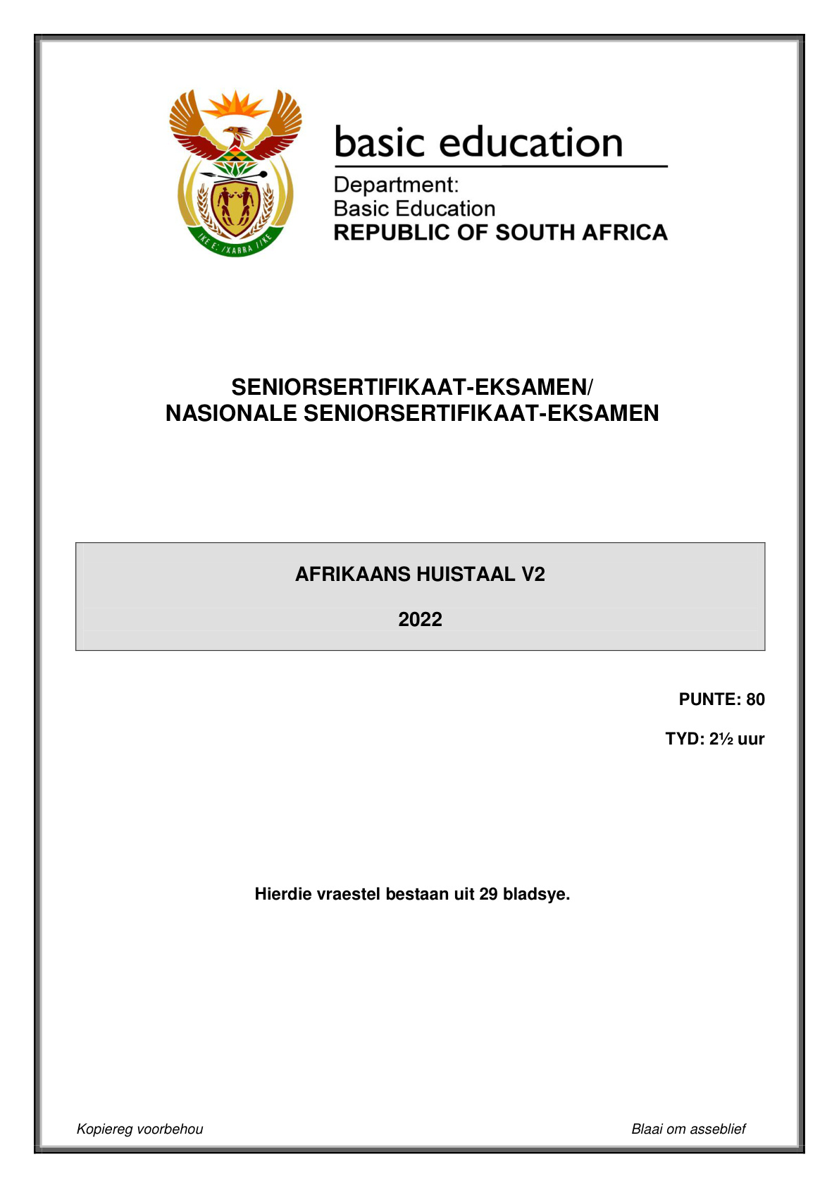 Afrikaans Home Language Paper 2 (Gauteng) June 2022 Grade 12 DBE