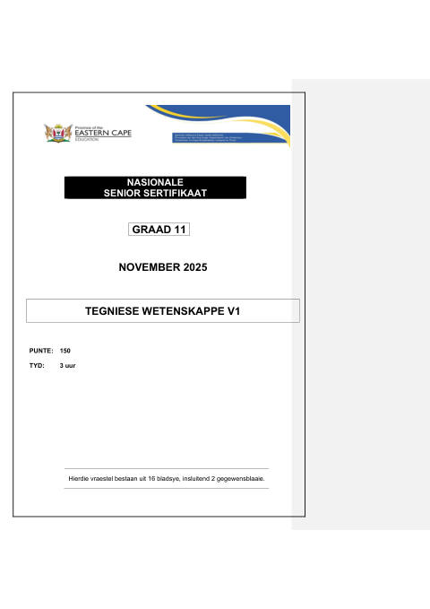 Technical Sciences Grade 11 DBE Caps November 2025 Paper 1 - Question Paper (Eastern Cape)