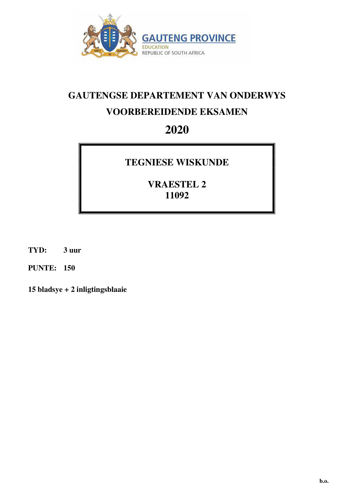 Technical Mathematics Paper 2 (Gauteng) Preparatory 2020 Grade 12 DBE