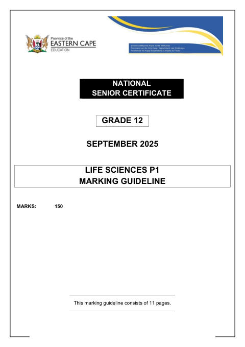Life Sciences Grade 12 DBE Caps September 2025 Paper 1 - Memo (Eastern Cape)