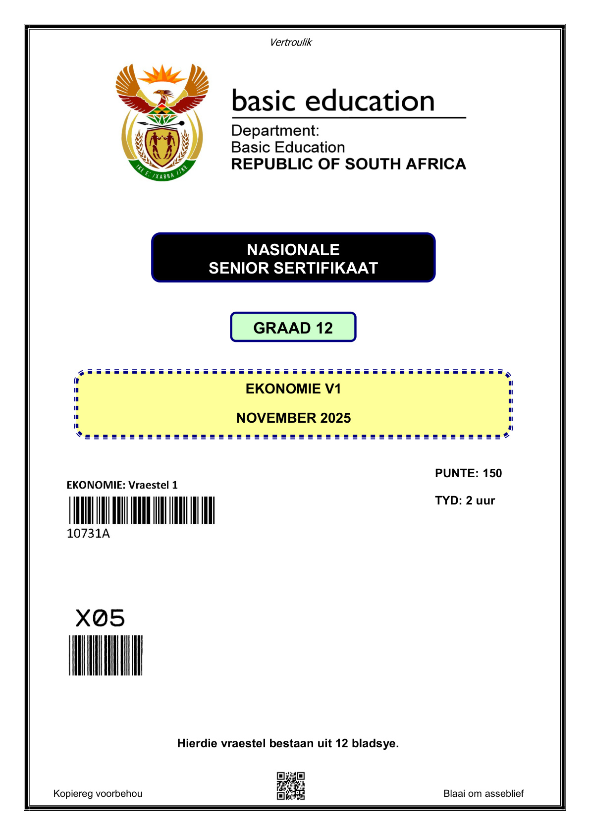 Economics Paper 1 (Gauteng) November 2025 Grade 12 DBE