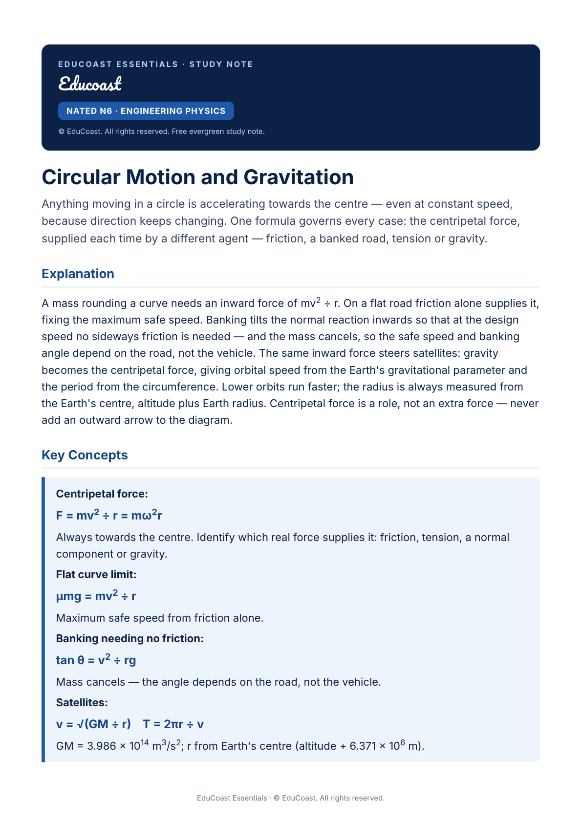 Circular Motion And Gravitation — N6 Engineering Physics (Nated)