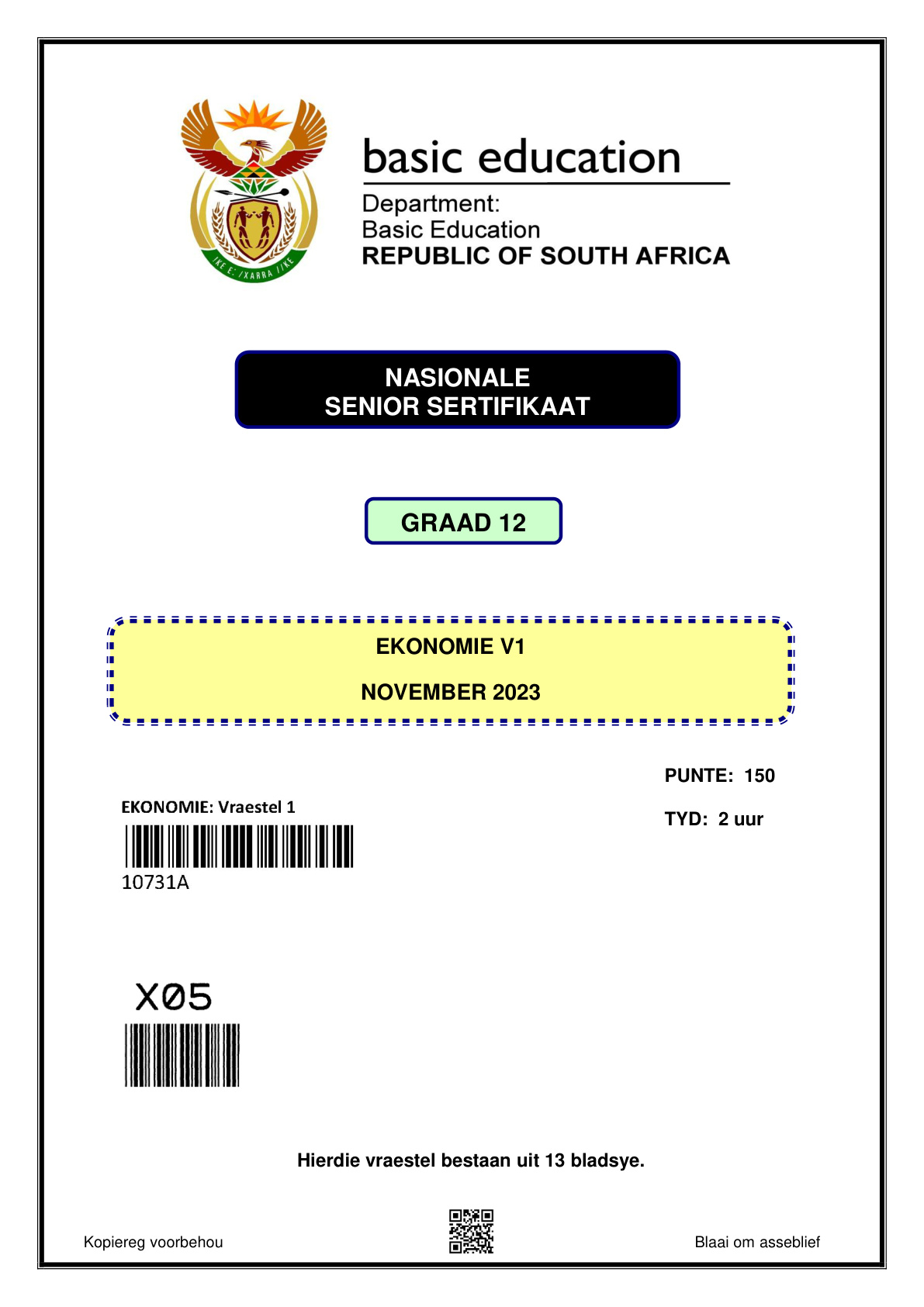 Economics Paper 1 (Gauteng) November 2023 Grade 12 DBE