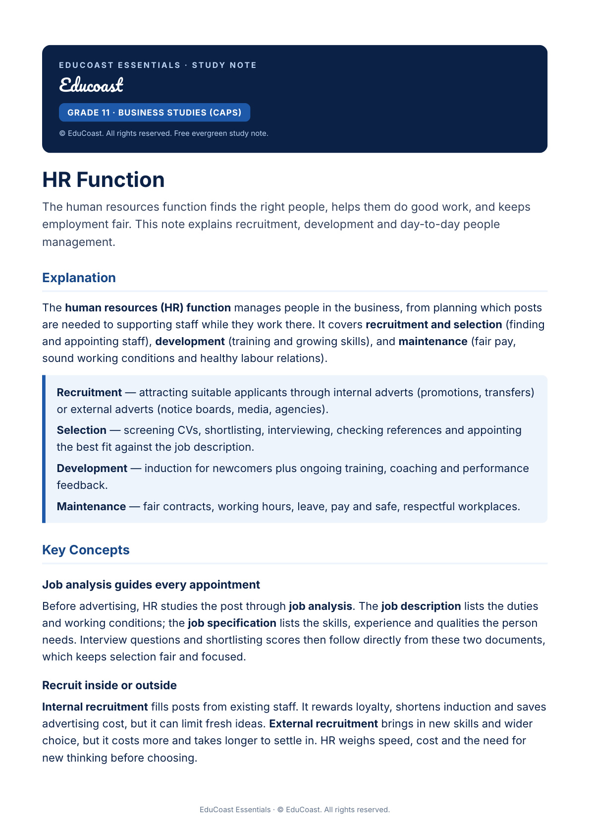 Hr Function — Grade 11 Business Studies (Caps)