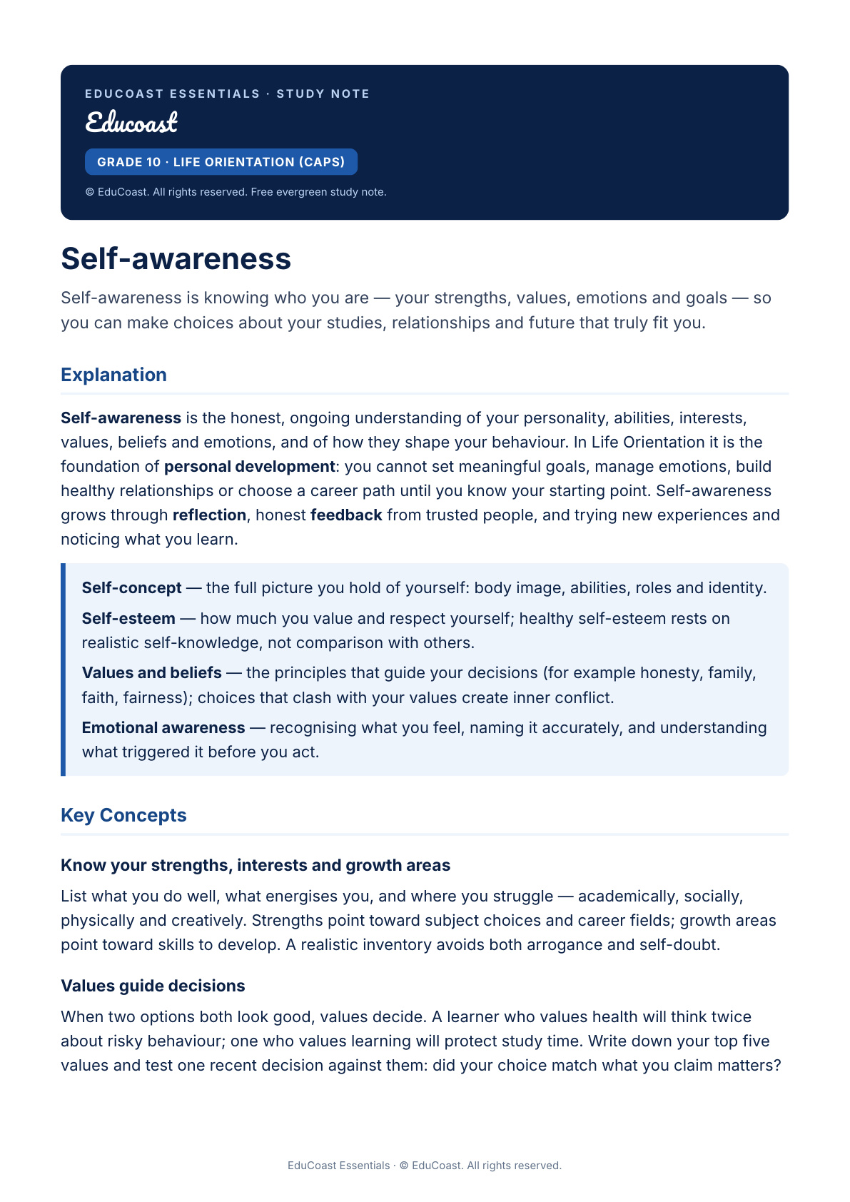 Self-awareness — Grade 10 Life Orientation (CAPS)