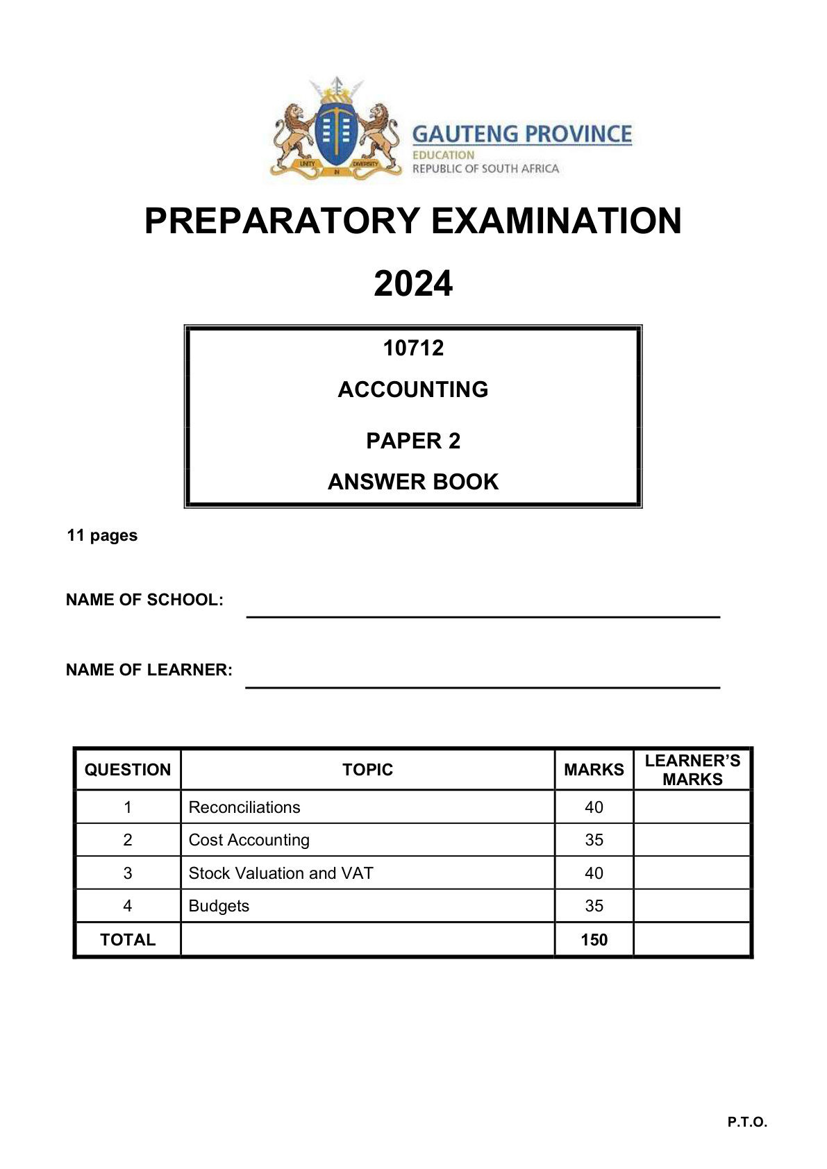 Accounting Paper 2 (Gauteng) Preparatory 2024 Grade 12 DBE