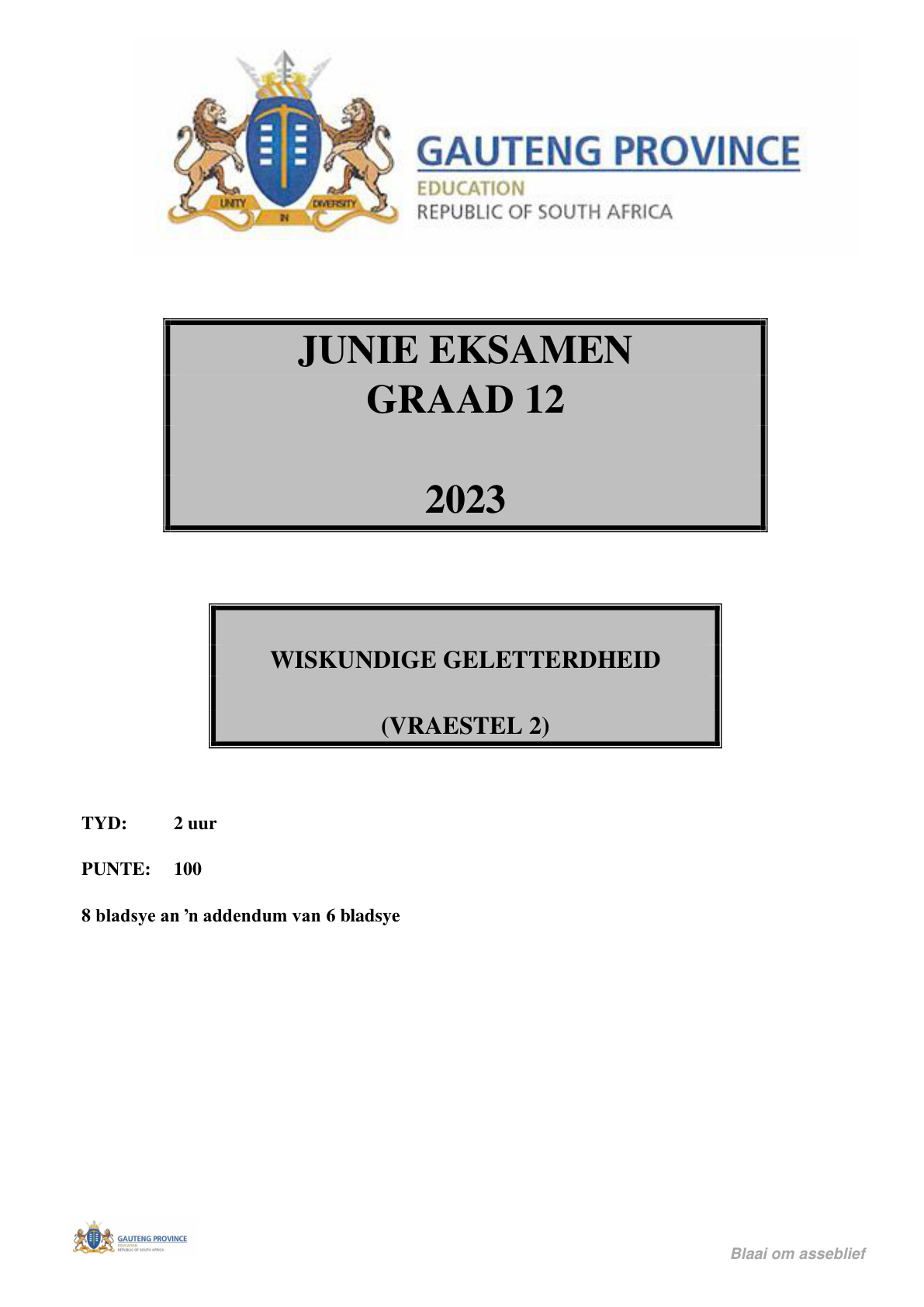 Mathematical Literacy Paper 2 (Gauteng) June 2023 Grade 12 DBE