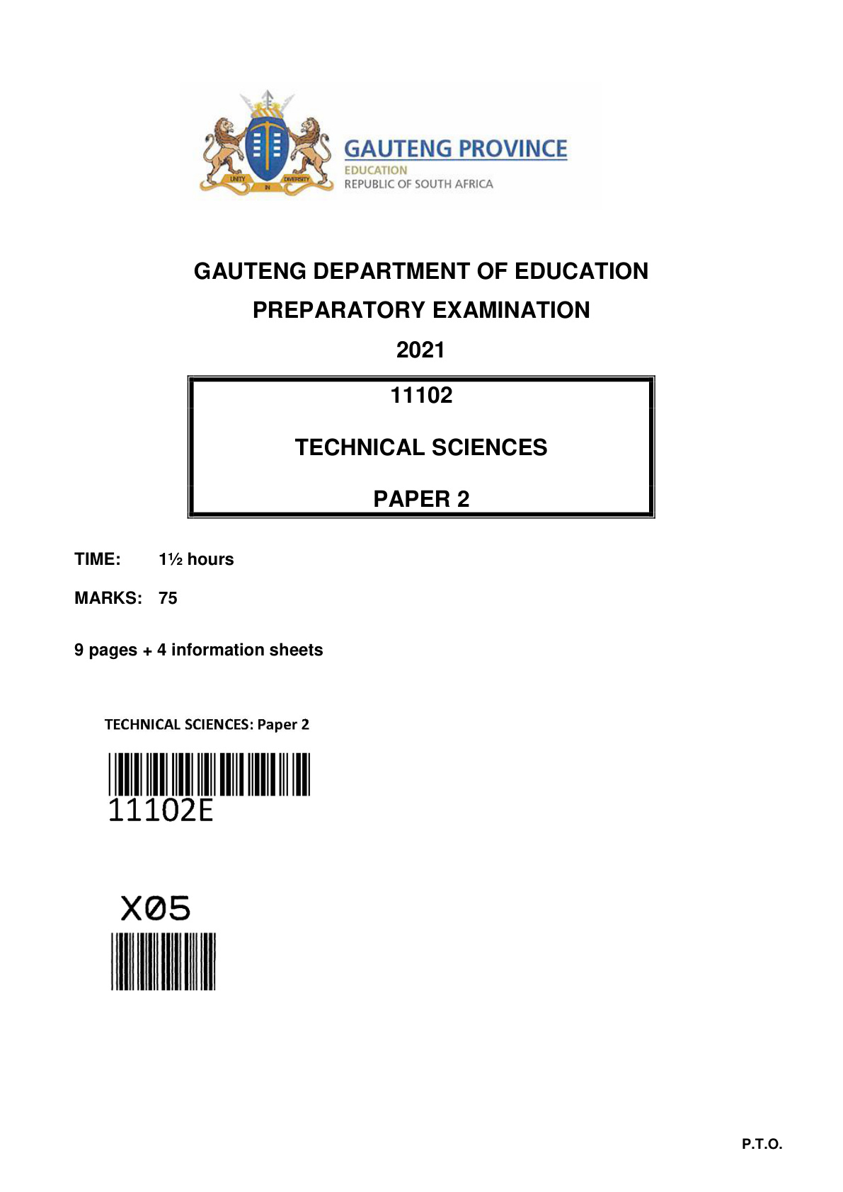 Technical Sciences Paper 2 (Gauteng) Preparatory 2021 Grade 12 DBE