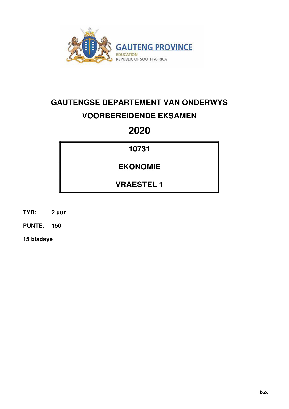 Economics Paper 1 (Gauteng) Preparatory 2020 Grade 12 DBE