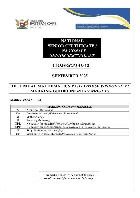 Mathematics Grade 12 DBE Caps September 2025 Paper 1 - Question Paper (Eastern Cape)