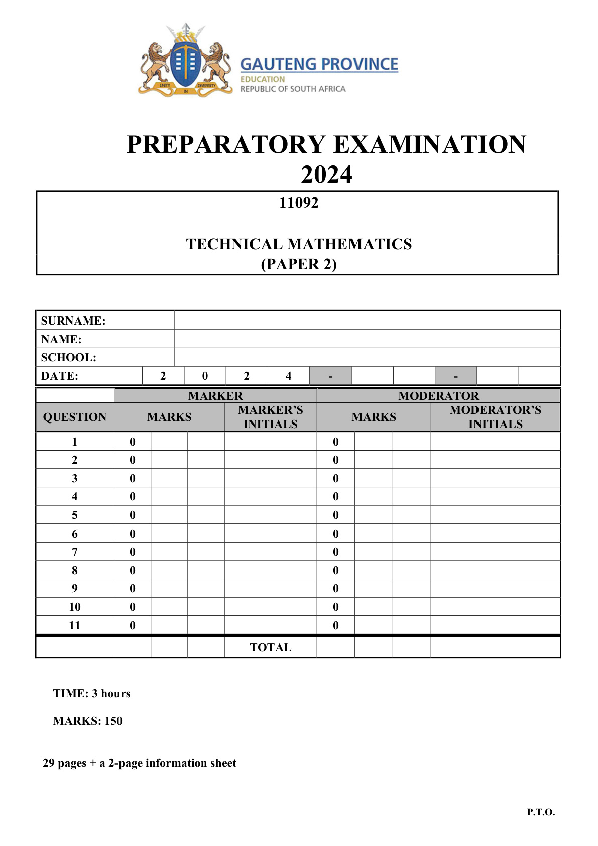 Technical Mathematics Paper 2 (Gauteng) Preparatory 2024 Grade 12 DBE