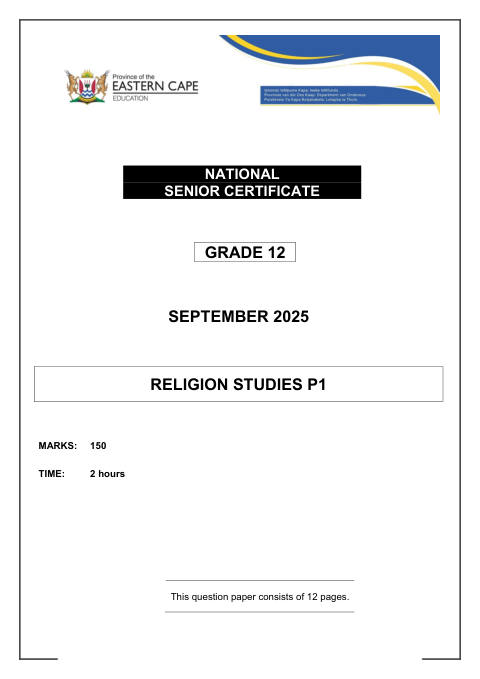 Religion Studies Grade 12 DBE Caps September 2025 Paper 1 - Question Paper (Eastern Cape)