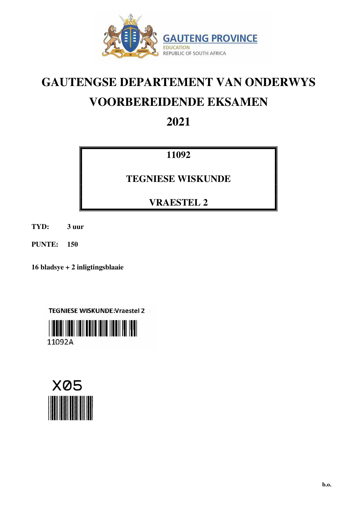 Technical Mathematics Paper 2 (Gauteng) Preparatory 2021 Grade 12 DBE