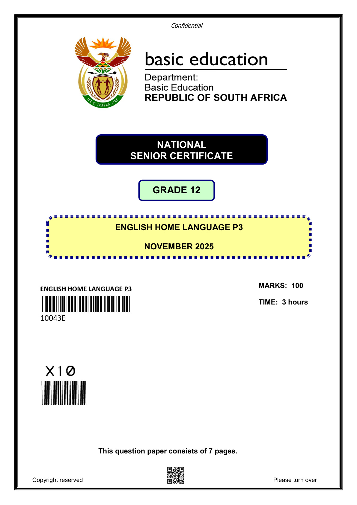 English Home Language Paper 3 (Gauteng) November 2025 Grade 12 DBE
