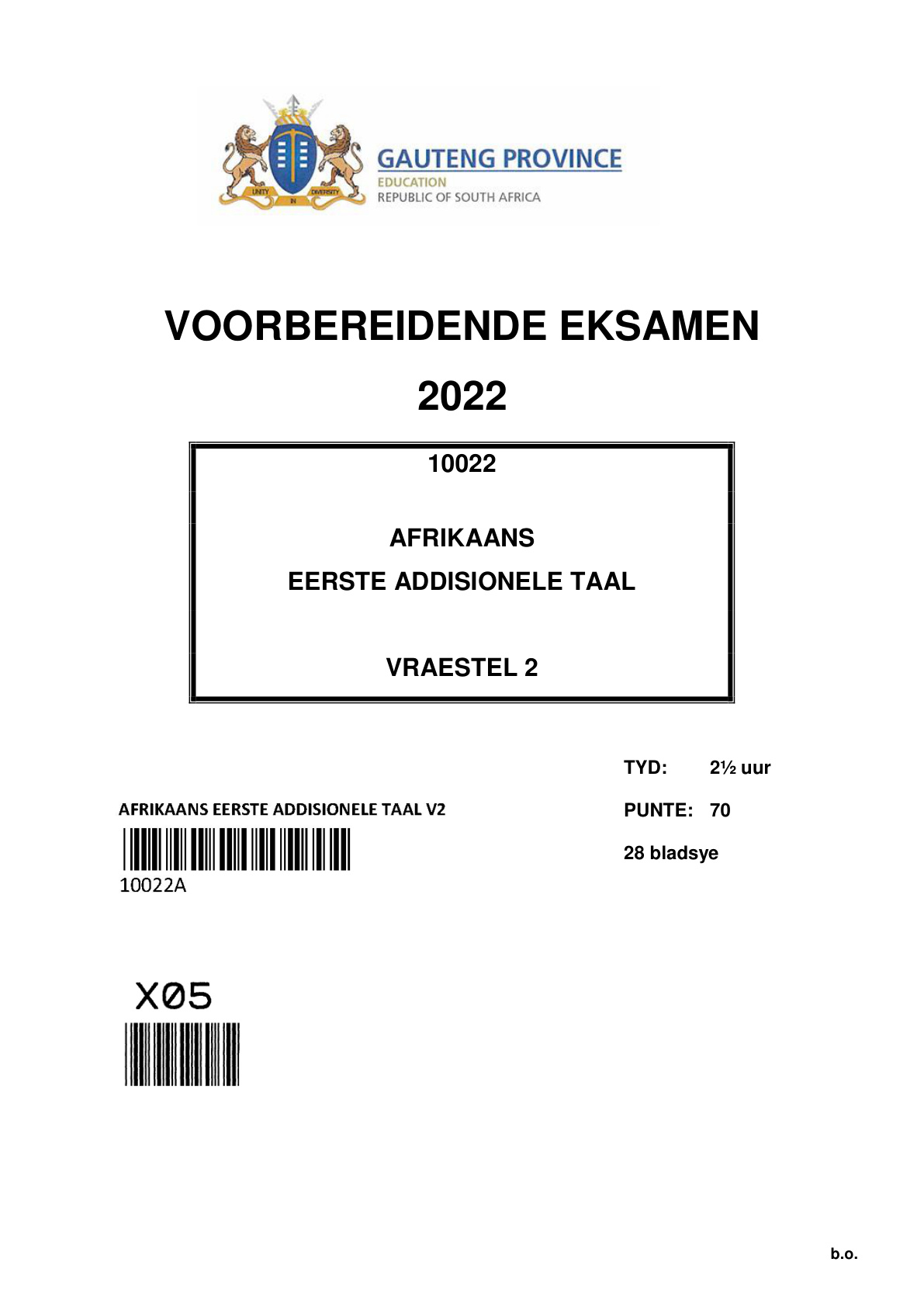 Afrikaans First Additional Language Paper 2 (Gauteng) Preparatory 2022 Grade 12 DBE