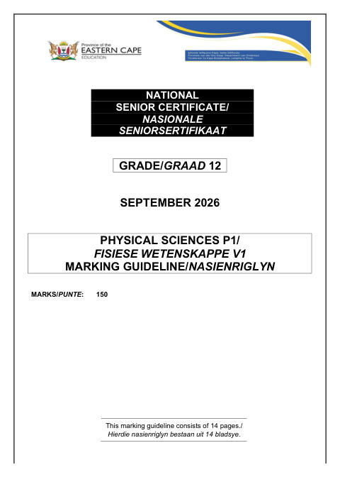 Physical Sciences Grade 12 DBE Caps September 2026 Paper 1 - Memo (Eastern Cape)