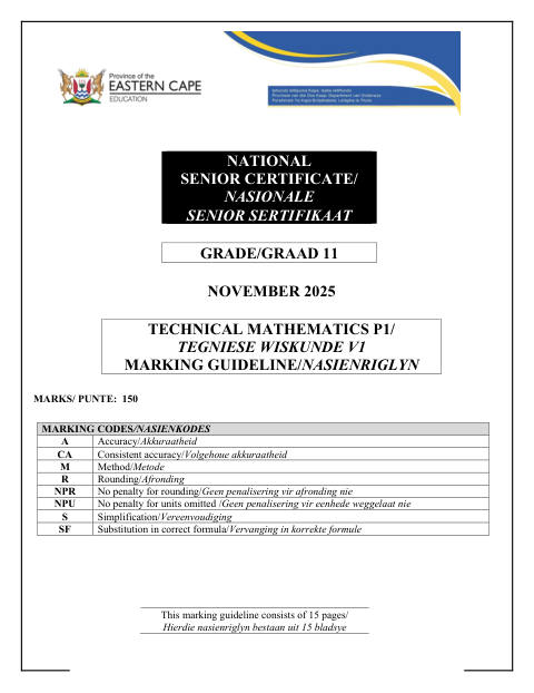 Mathematics Grade 11 DBE Caps November 2025 Paper 1 - Memo (Eastern Cape)