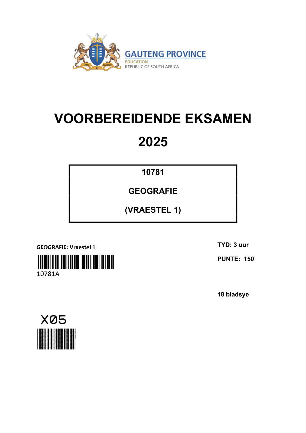 Geography Paper 1 (Gauteng) Preparatory 2025 Grade 12 DBE