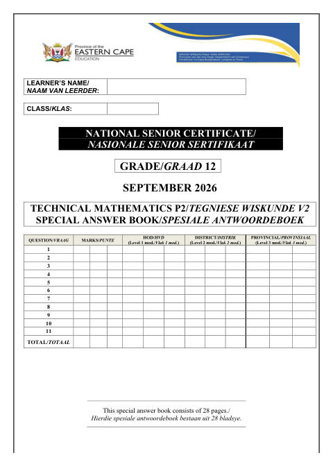 Mathematics Grade 12 DBE Caps September 2026 Paper 2 - Answer Book (Eastern Cape)