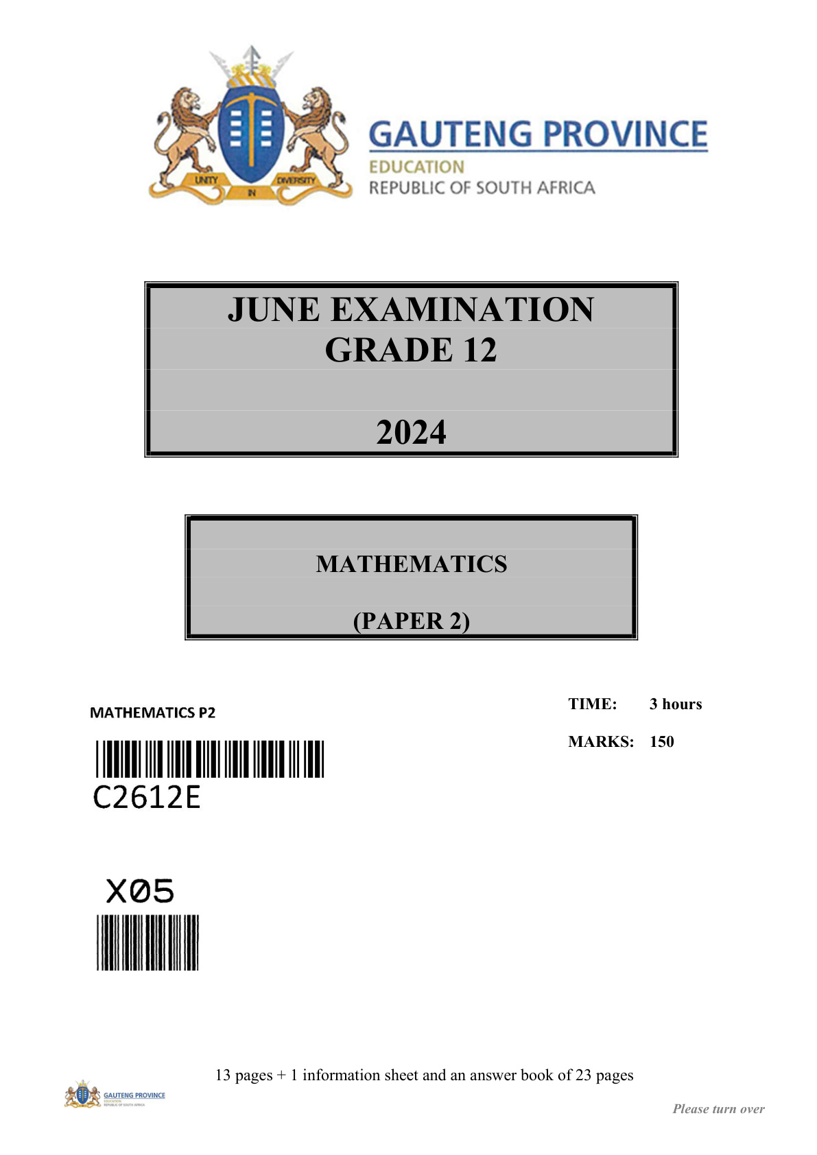 Mathematics Paper 2 (Gauteng) June 2024 Grade 12 DBE
