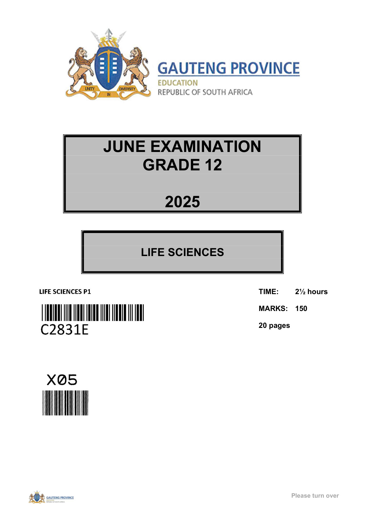 Life Sciences (Gauteng) June 2025 Grade 12 DBE