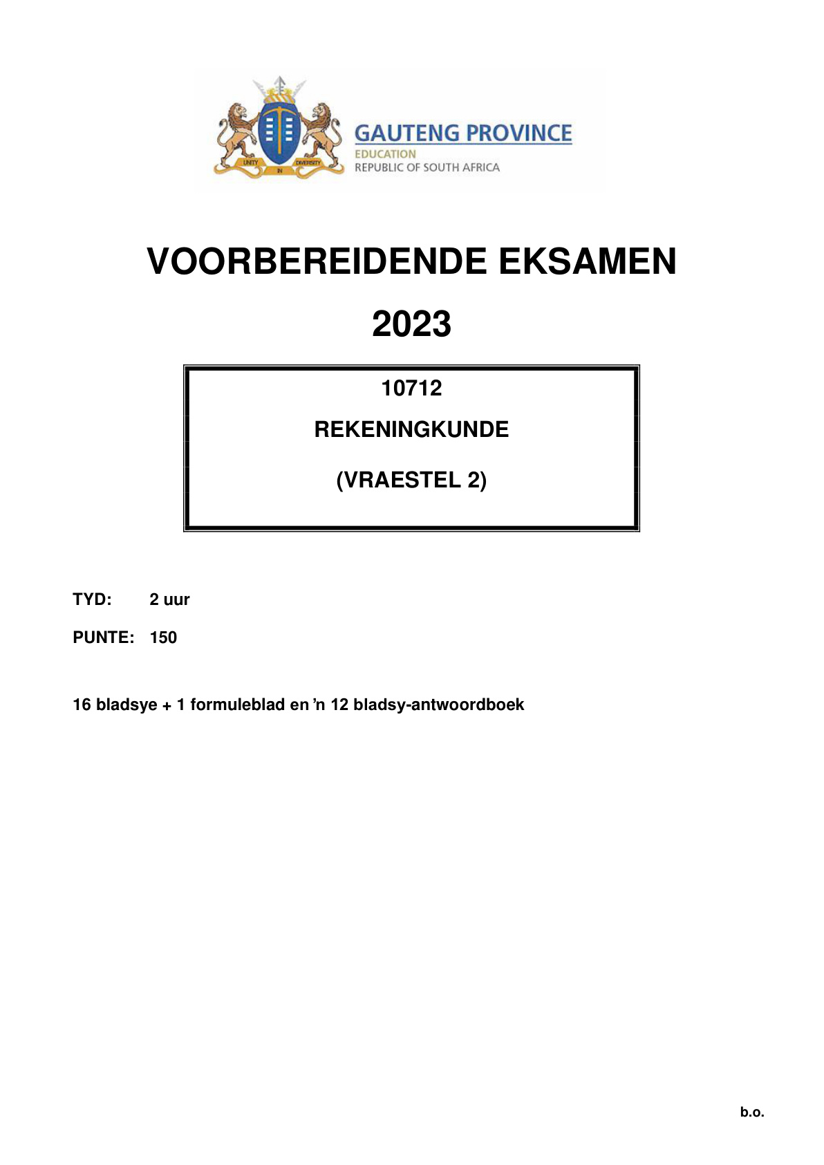 Accounting Paper 2 (Gauteng) Preparatory 2023 Grade 12 DBE