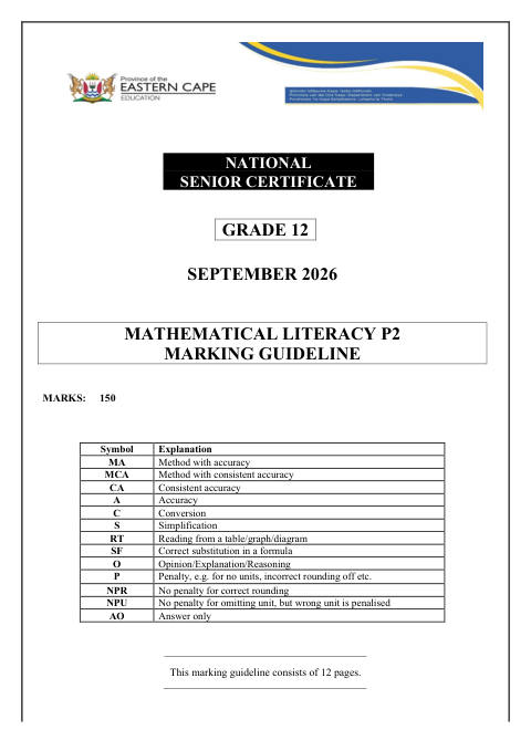 Mathematical Literacy Grade 12 DBE Caps September 2026 - Memo (Eastern Cape)