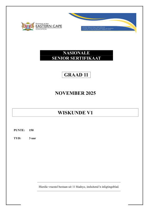 Mathematics Grade 11 DBE Caps November 2025 Paper 1 - Question Paper (Eastern Cape)