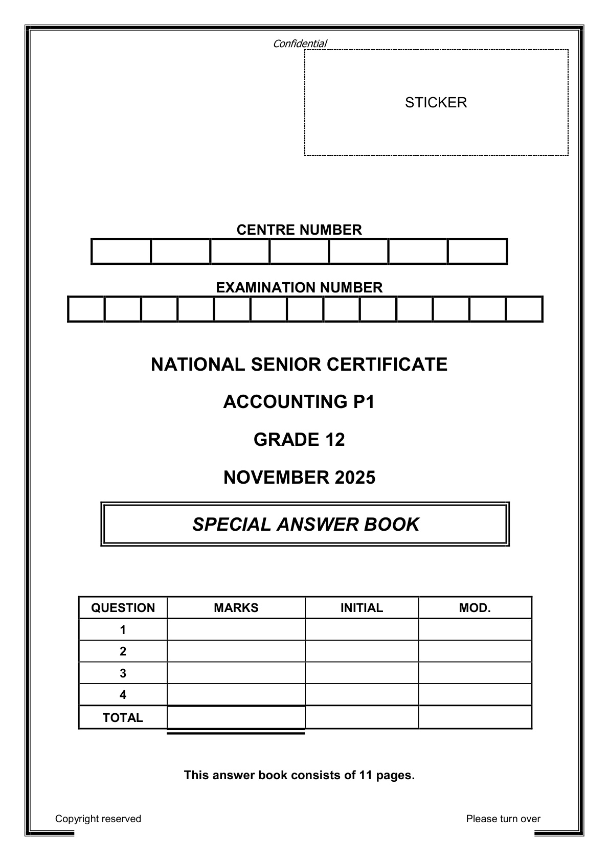 Accounting Grade 12 DBE NSC November 2025 Paper 1 - Answer Book (Eastern Cape)