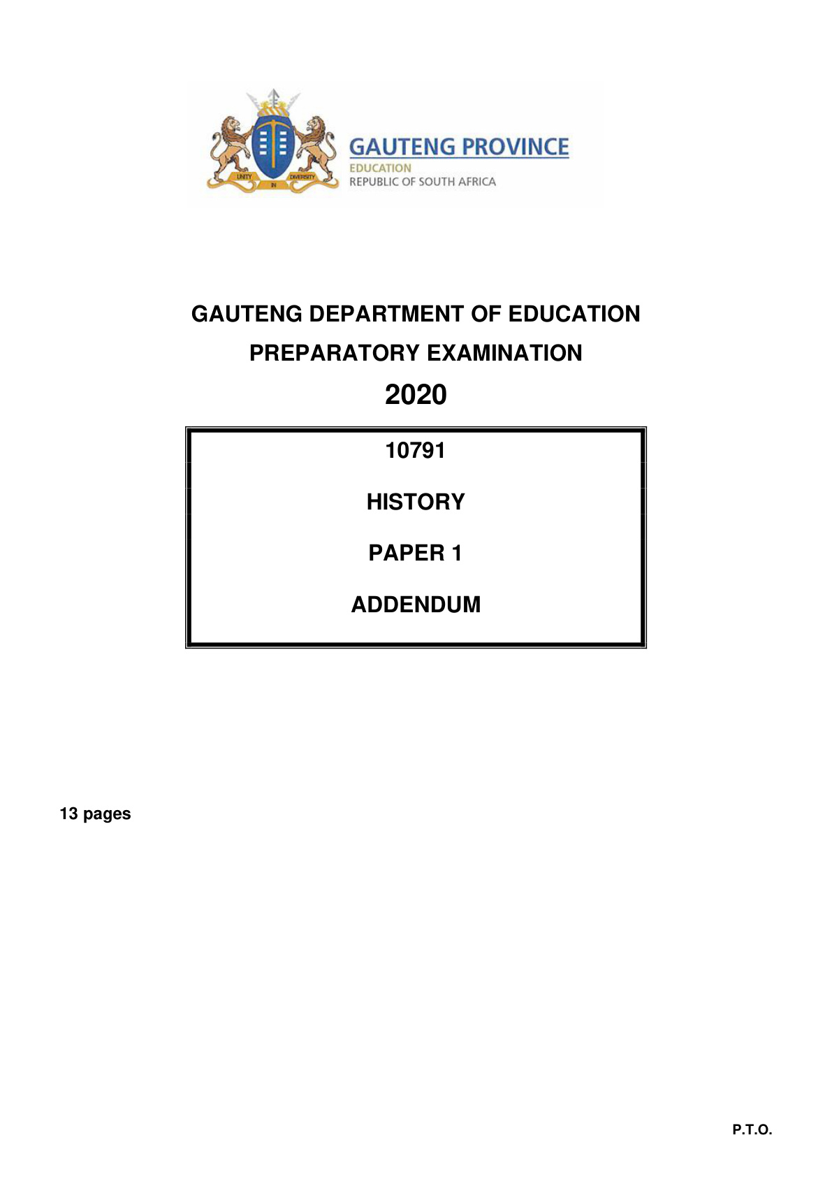 History Paper 1 Addendum (Gauteng) Preparatory 2020 Grade 12 DBE