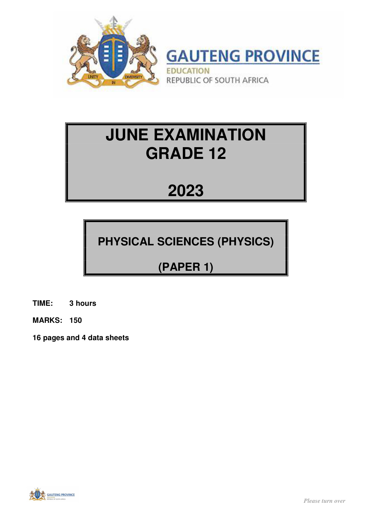 Physical Sciences Paper 1 (Gauteng) June 2023 Grade 12 DBE
