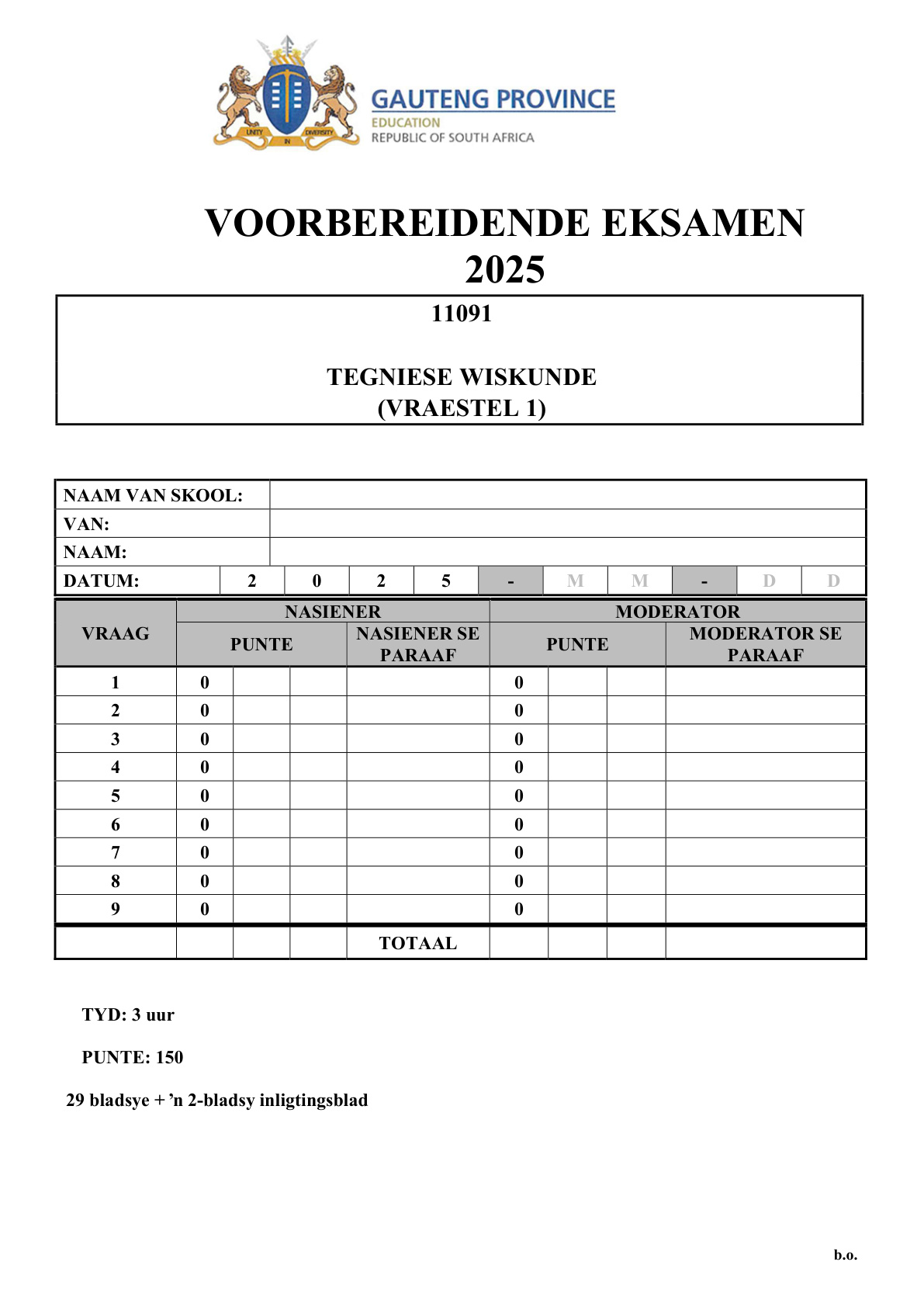 Technical Mathematics Paper 1 (Gauteng) Preparatory 2025 Grade 12 DBE