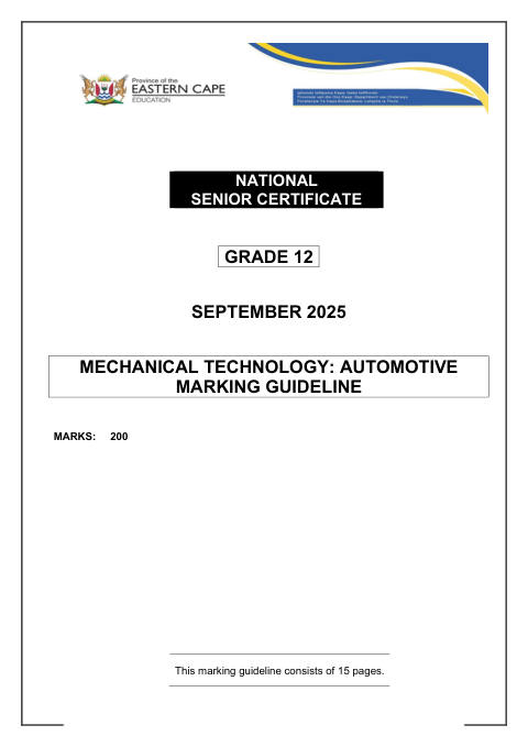 Mechanical Technology Grade 12 DBE Caps September 2025 - Memo (Eastern Cape)