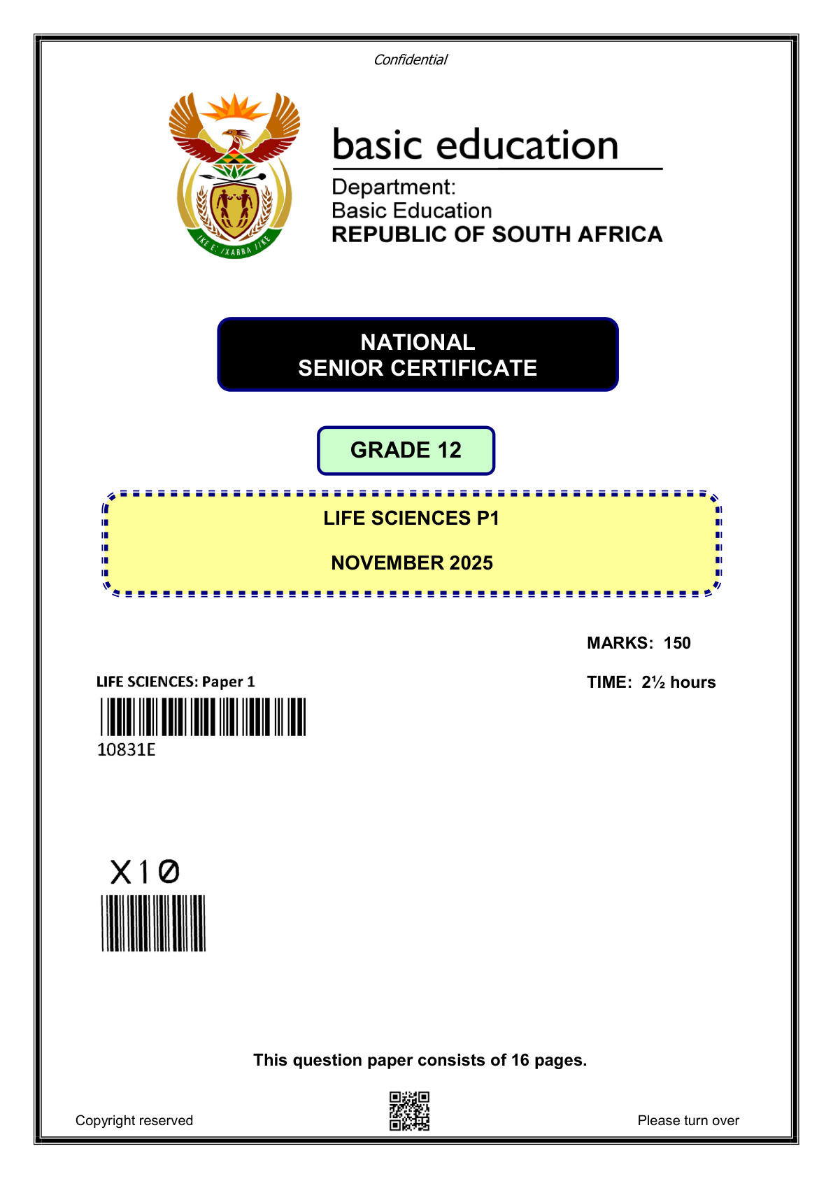 Life Sciences Paper 1 (Gauteng) November 2025 Grade 12 DBE