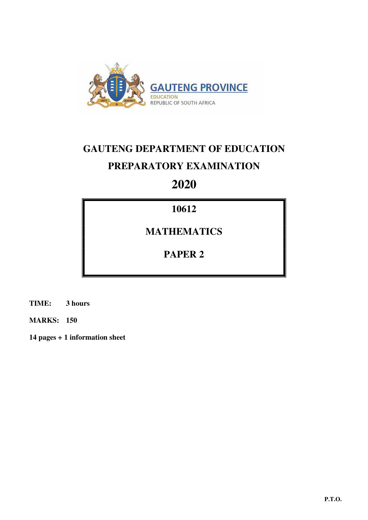 Mathematics Paper 2 (Gauteng) Preparatory 2020 Grade 12 DBE