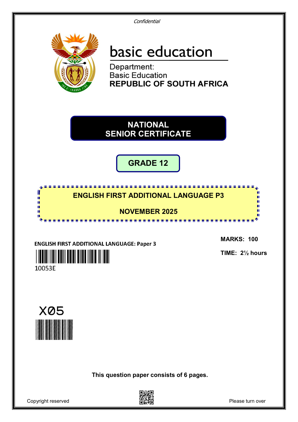 English First Additional Language Paper 3 (Gauteng) November 2025 Grade 12 DBE