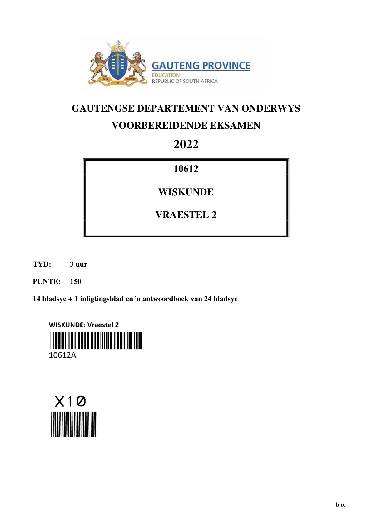 Mathematics Paper 2 (Gauteng) Preparatory 2022 Grade 12 DBE