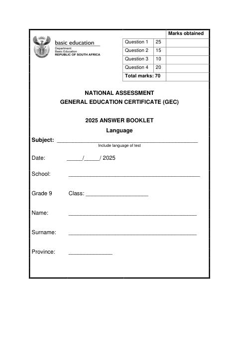 English First Additional Language Grade 9 DBE Caps Gec 2025 - Answer Book (Eastern Cape)