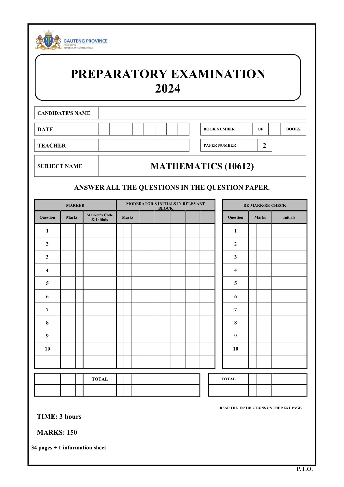 Mathematics Paper 1 Answer Book (Gauteng) Preparatory 2024 Grade 12 DBE