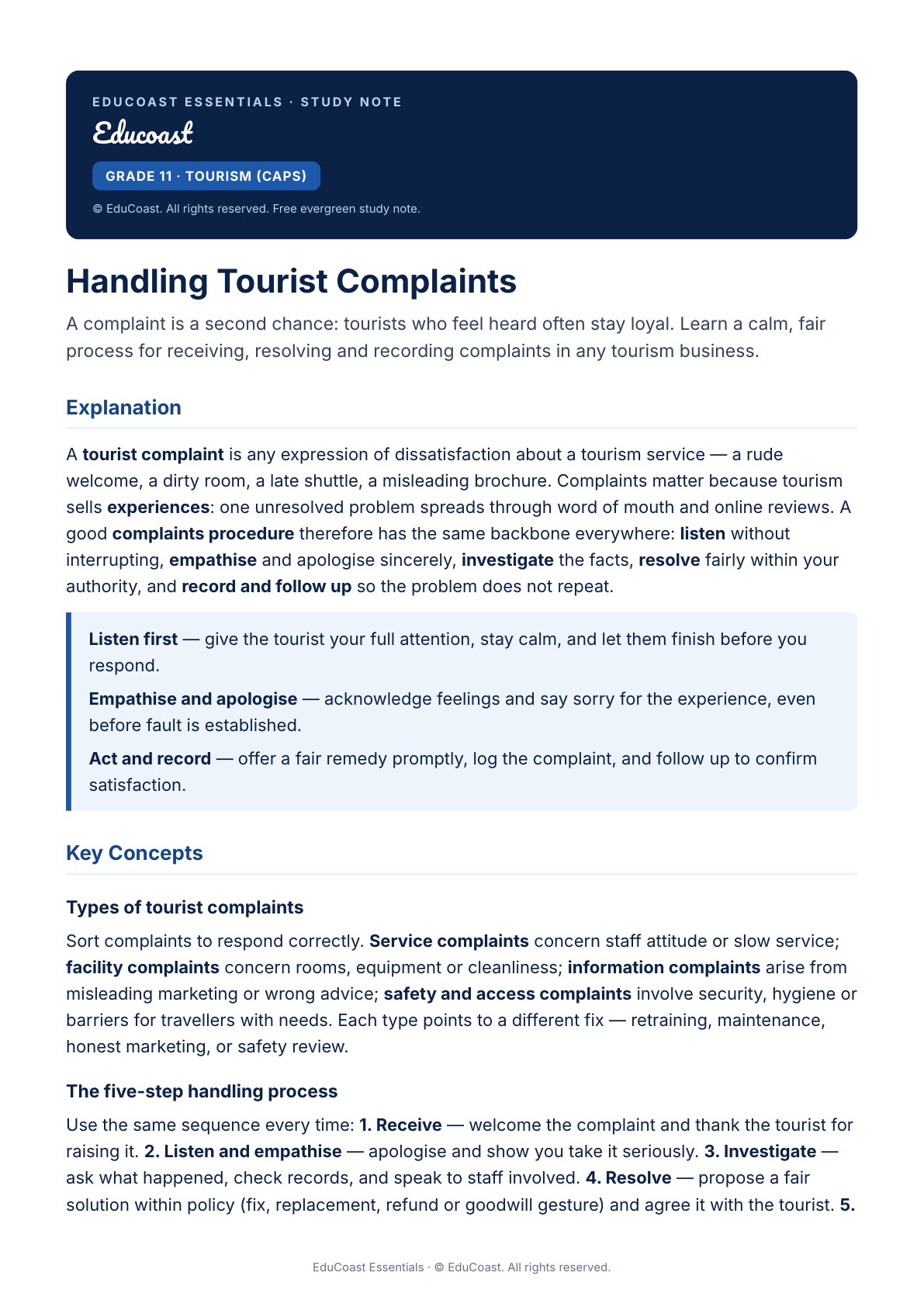 Tourist Complaints — Grade 11 Tourism (Caps)