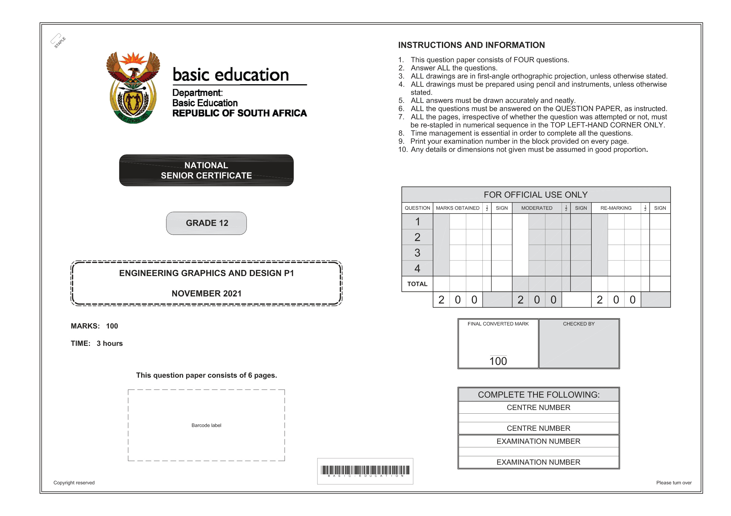 Engineering Graphics And Design Paper 1 (Gauteng) November 2021 Grade 12 DBE