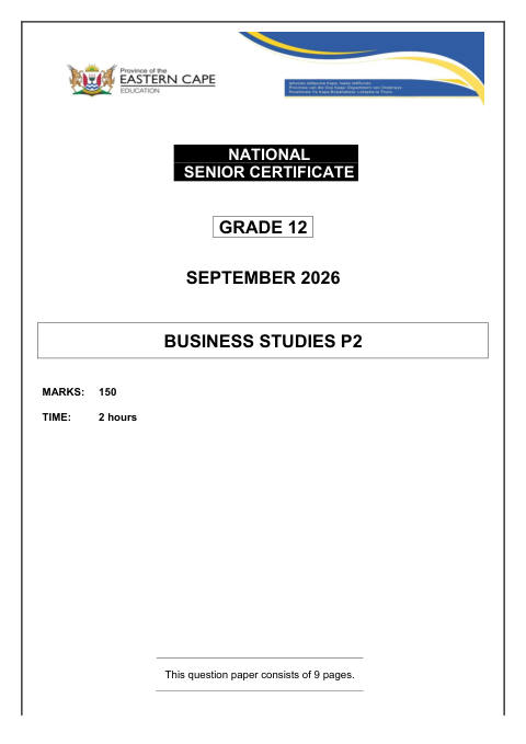 Business Studies Grade 12 DBE Caps September 2026 Paper 2 - Question Paper (Eastern Cape)