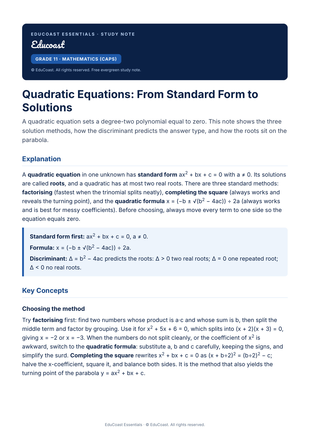 Grade Eleven Math Quadratic Equations — Grade 11 Mathematics (Caps) | EduCoast