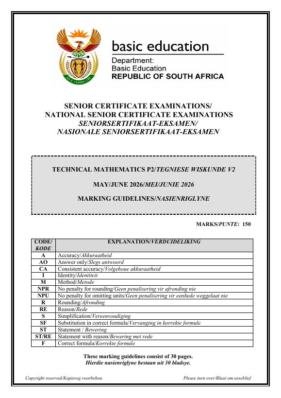 Technical Mathematics Grade 12 DBE Caps May 2026 Paper 2 - Memo